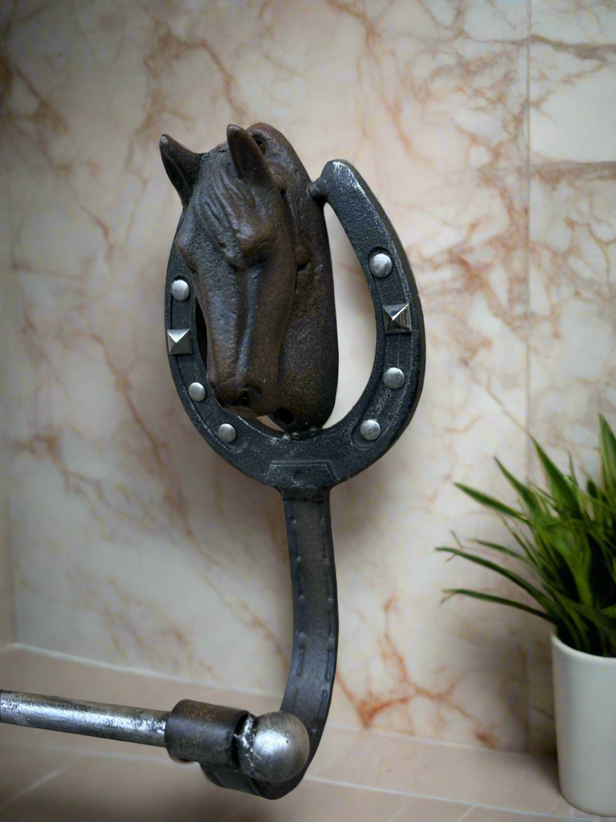 27” Metal Towel Bar With Cast Horse Heads