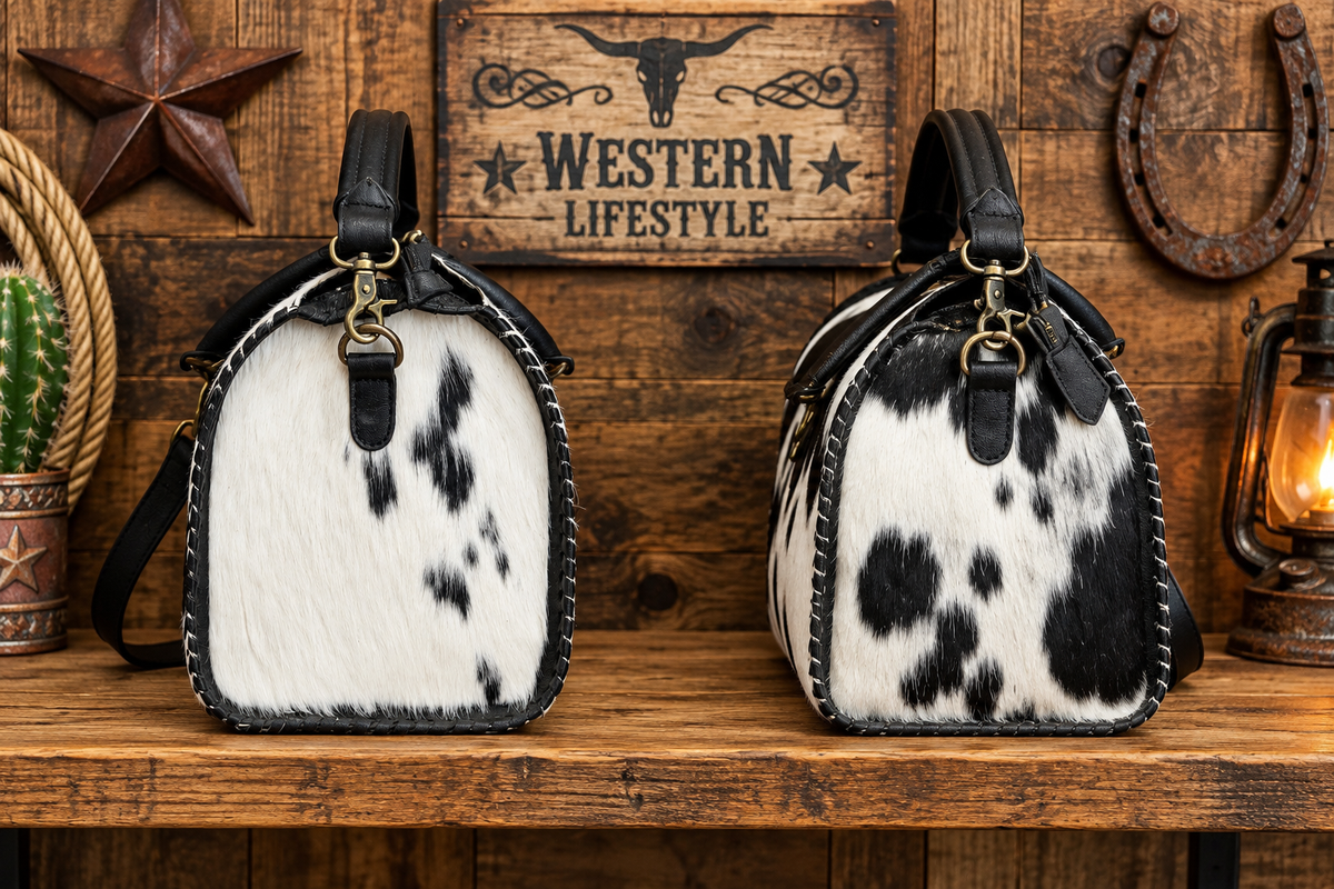 Leather & Cowhide Mini Duffel Bag 15”L x 8”x 10”T