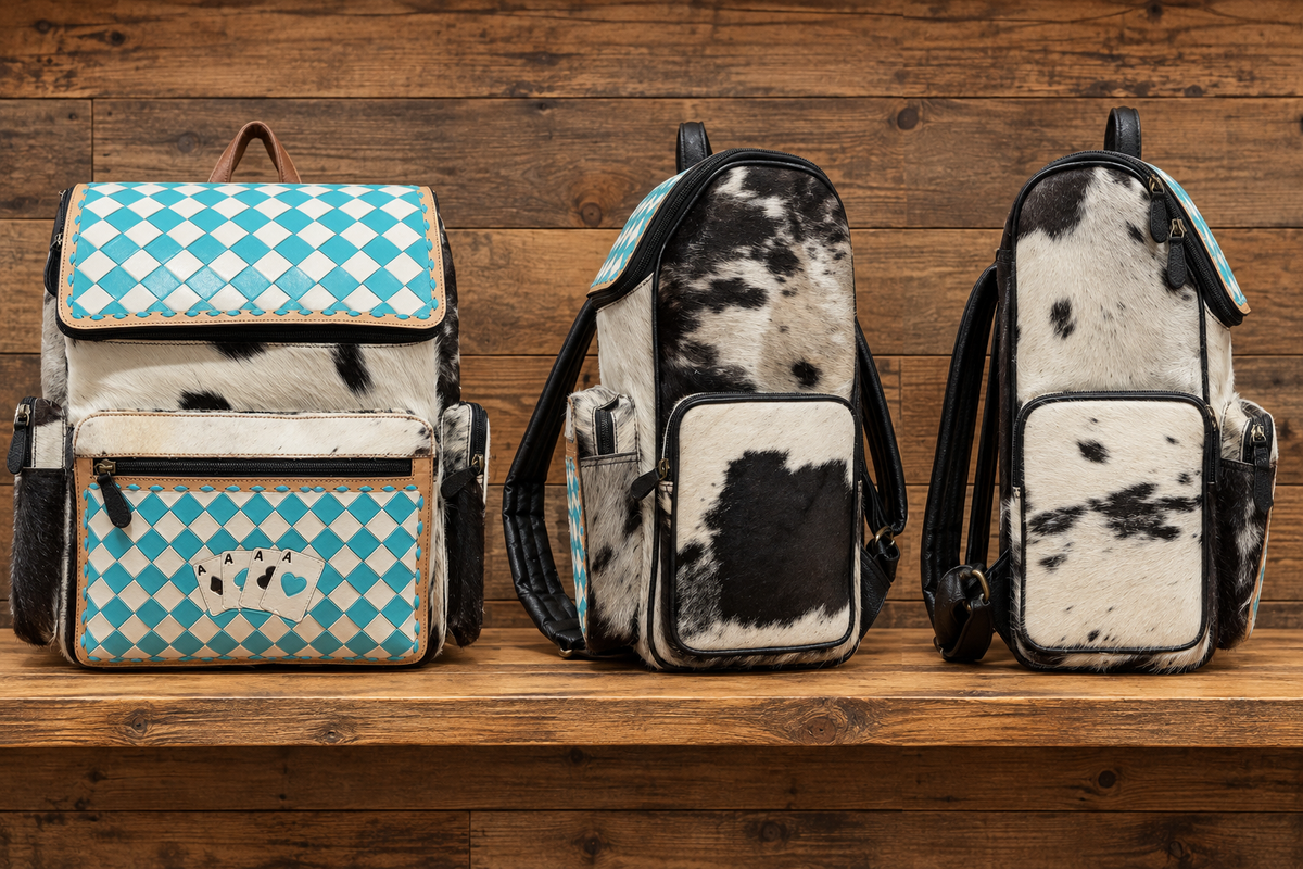 Leather & Cowhide Backpack 13”L x 14”T x 8”W