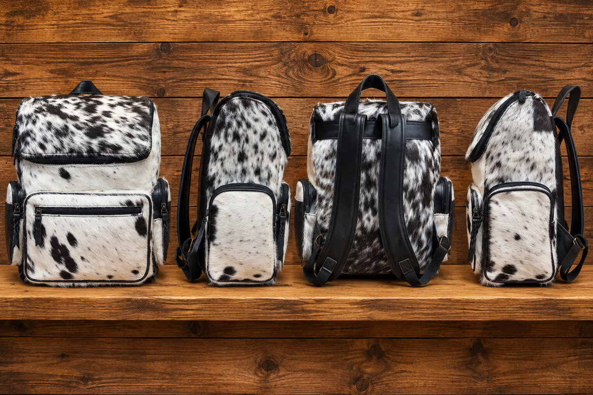 Leather & Cowhide Backpack 13”L x 16”T x 6”W