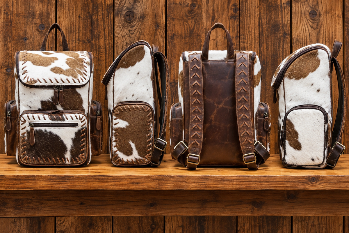 Leather & Cowhide Backpack 13”L x 16”T x 6”W