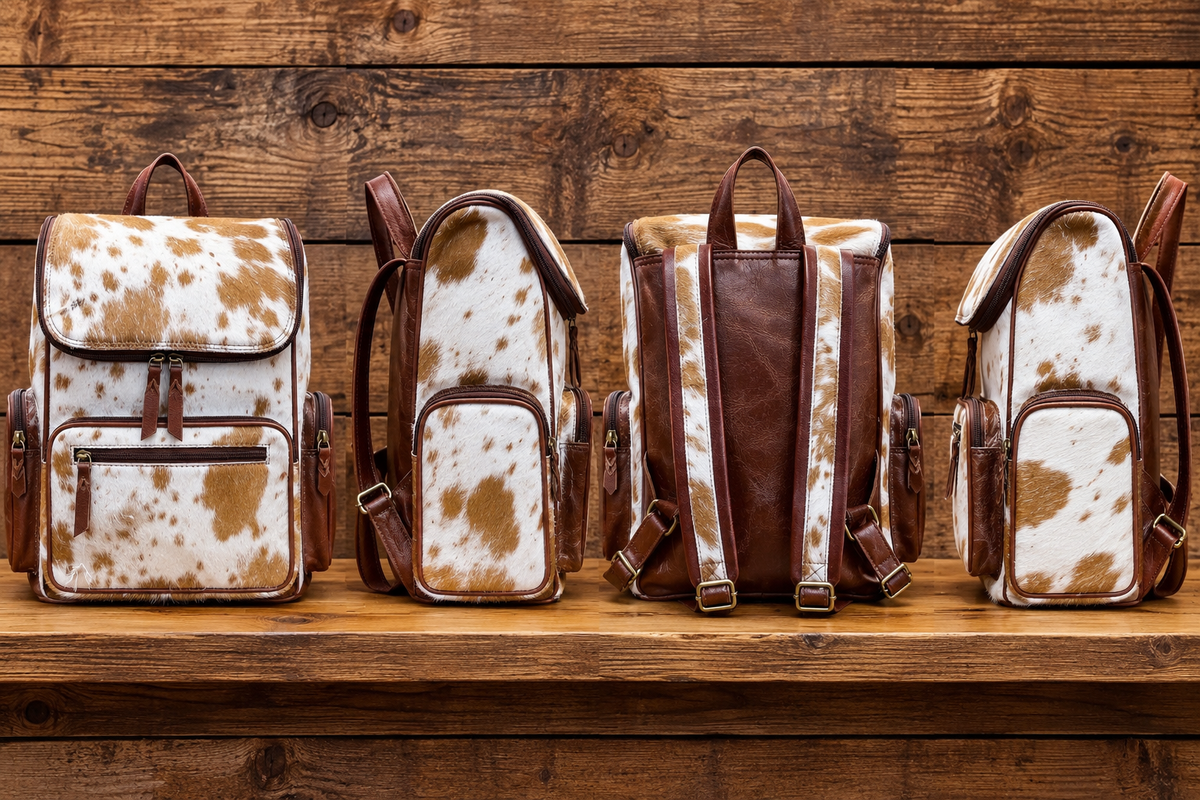 Leather & Cowhide Backpack 13”L x 16”T x 6”W