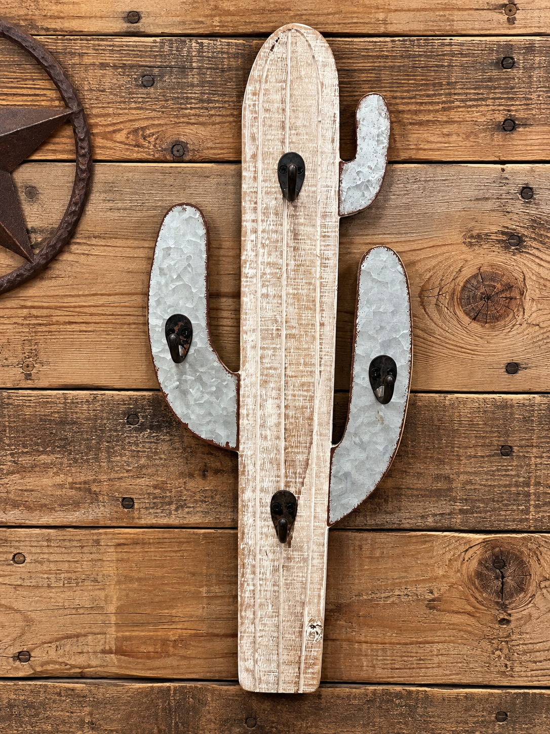 Metal and wooden whitewash cactus wall hooks 8 1/2" x 21 1/4"