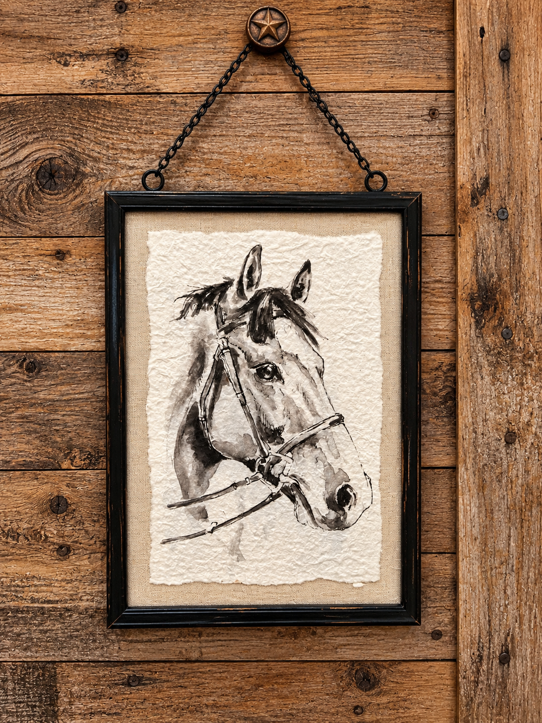 Horse picture on woven linen mat board with metal frame and refined chain hanger. 8 1/4" x 12 1/4"