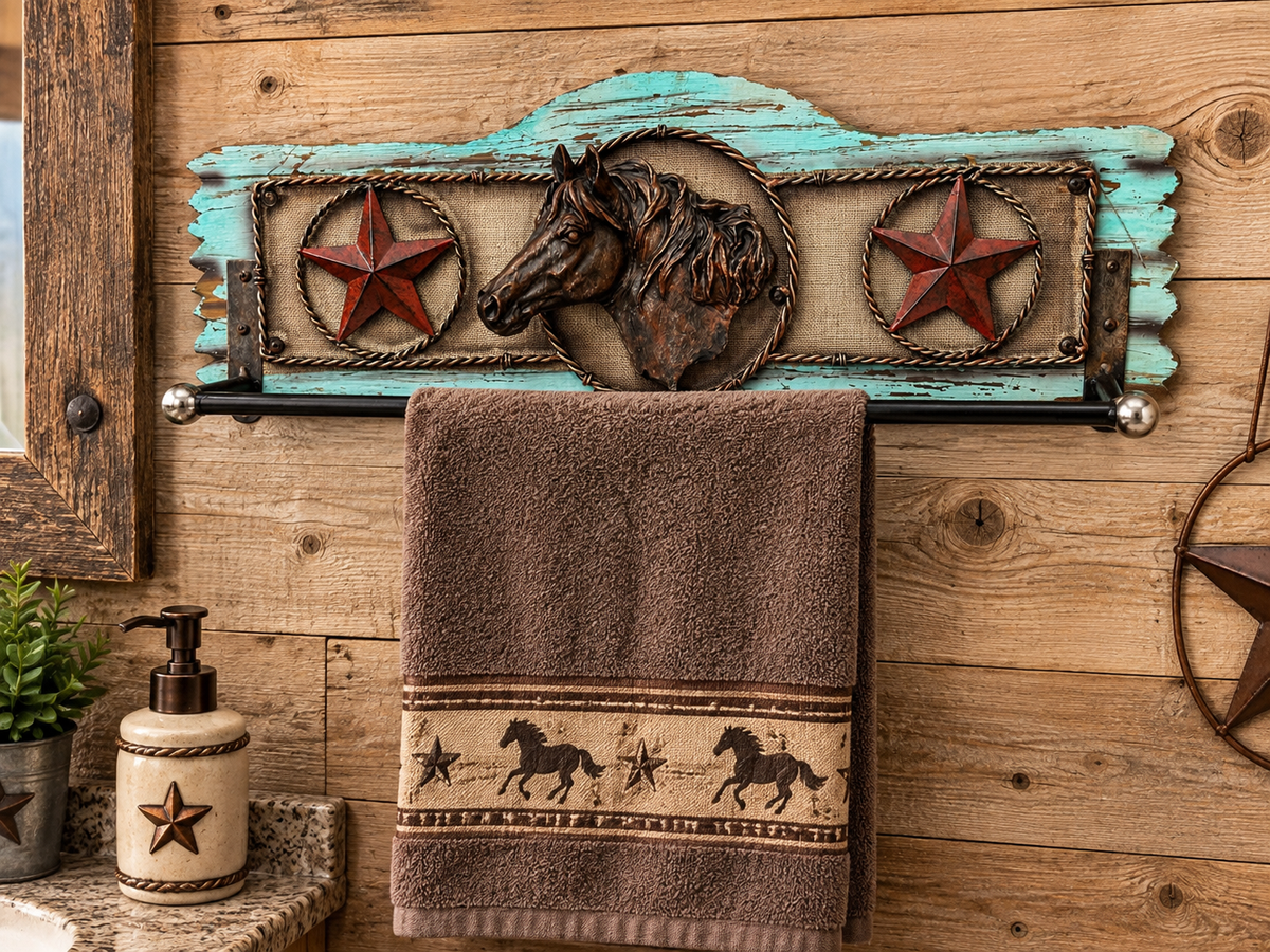 Western wood towel hanger with metal bar 22” Long 7” Tall