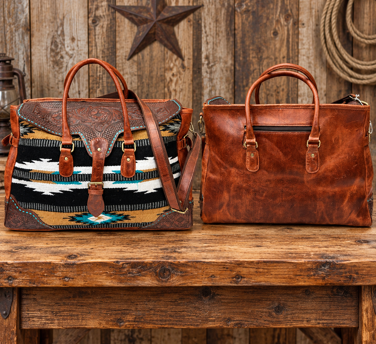 Leather & wool travel duffel 21”L x 8”W x 14” T