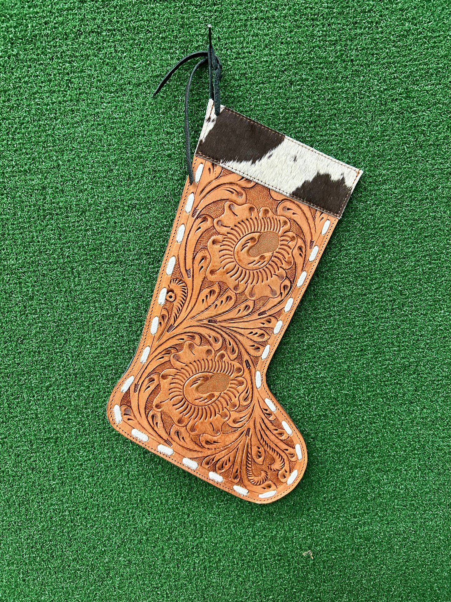 13” Tall 9” Wide Leather With Cowhide Christmas Stocking