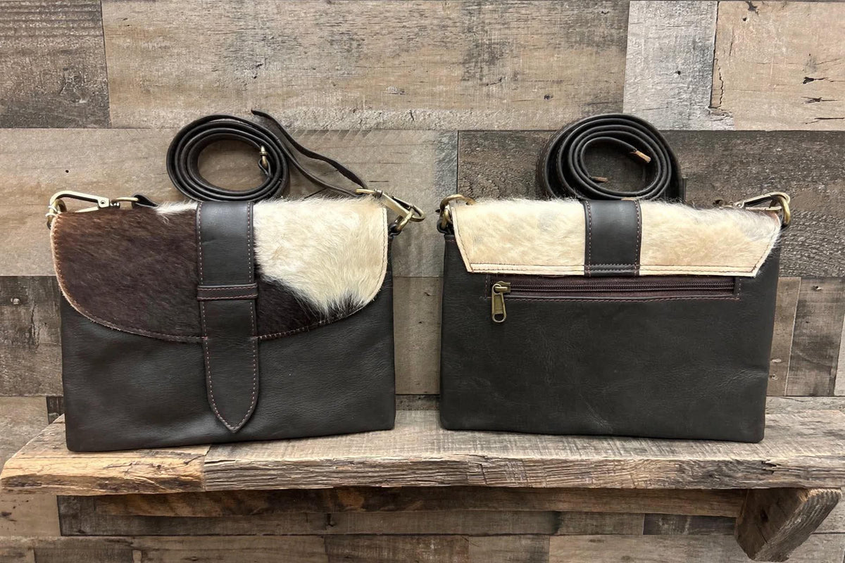 Dark brown leather purse with cowhide 7x10