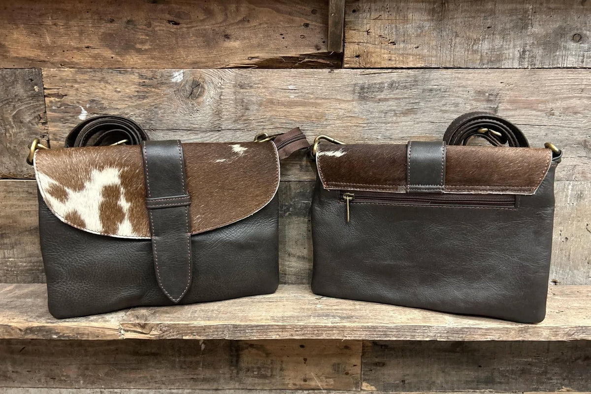 Dark brown leather purse with cowhide 7x10