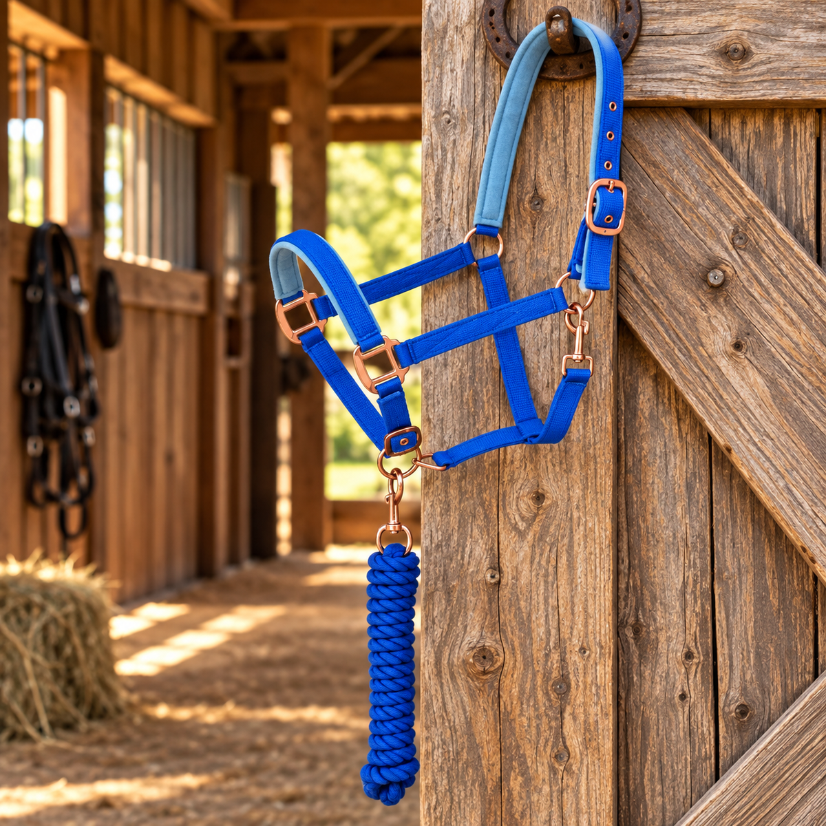 Nylon halter with neoprene padding and matching 8 foot lead blue