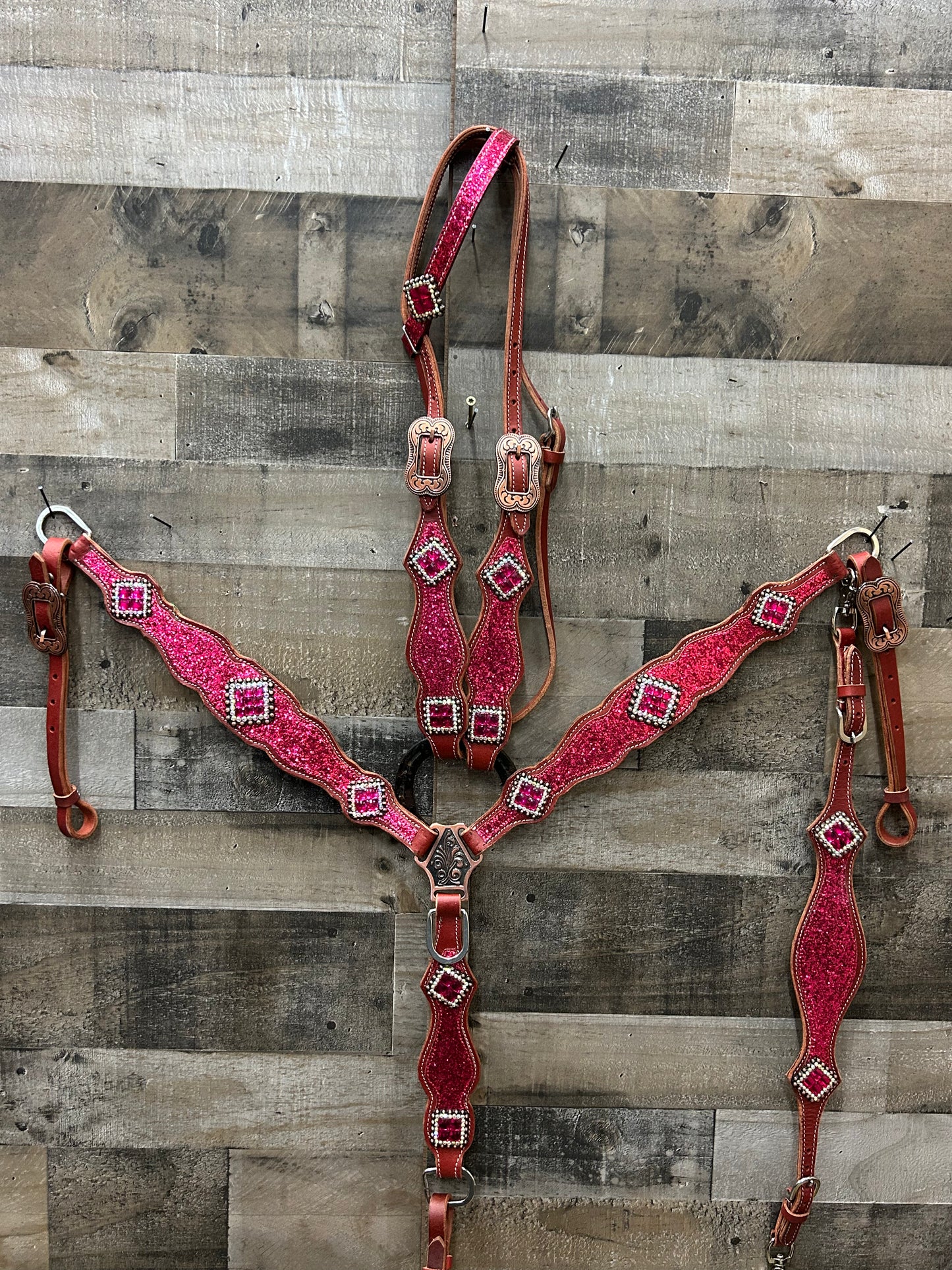 South Point latigo leather Dark Pink Glitter 3 piece set