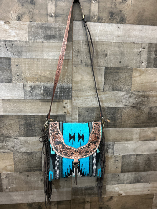 100 % Leather Tooled with Wool Purse   13x14
