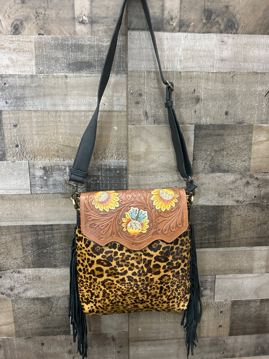 100 % Leather Tooled with Cowhide Purse 14x14x4
