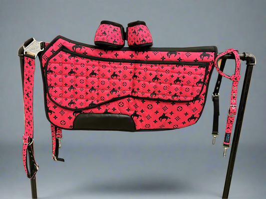 Pink Tack Set Pad 29x30 Matching Nylon Headstall & Breast Collar, Matching No Turn Bell Boots 
(removable shims can be added to pad but are not included)