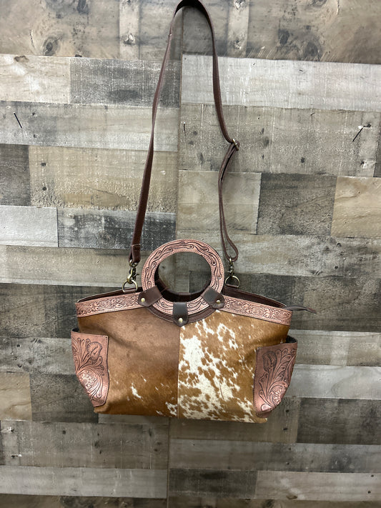 100 % Leather Tooled Purse With Cowhide 10x15x3
