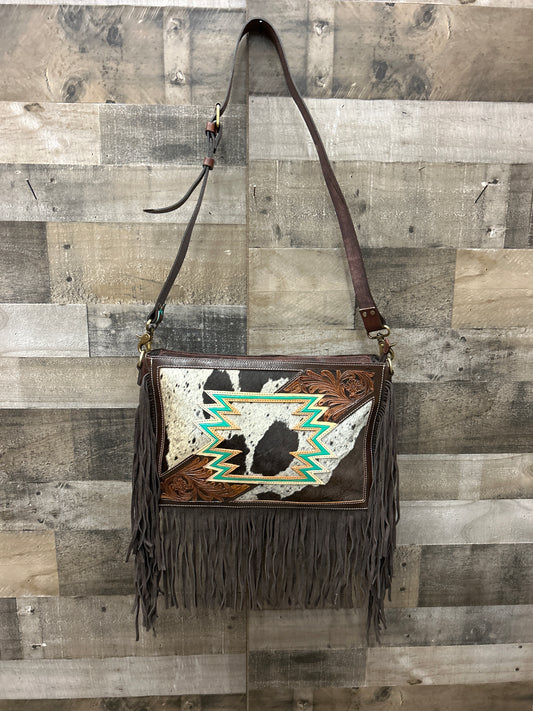 100 % Leather Tooled Purse/ Laptop Carrier With Cowhide 11x14x4