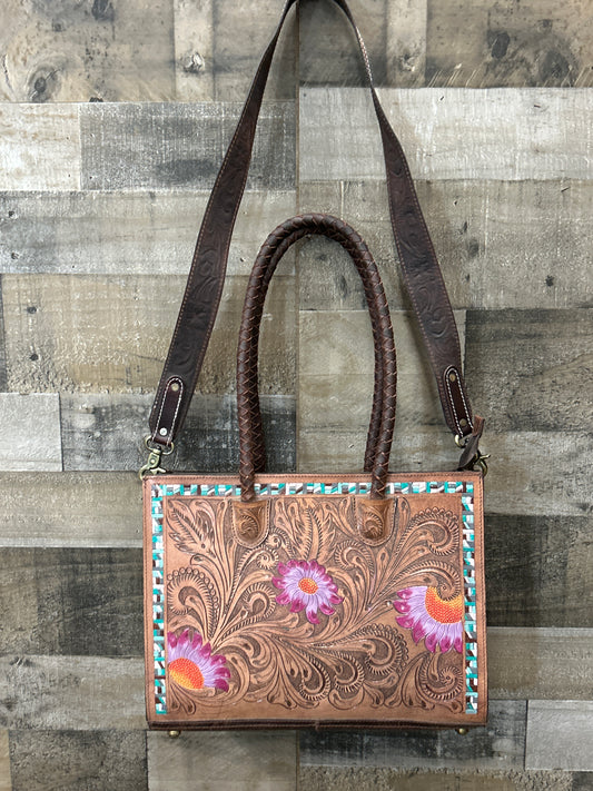 100 % Leather Tooled Purse/ Laptop Carrier 11x14x4