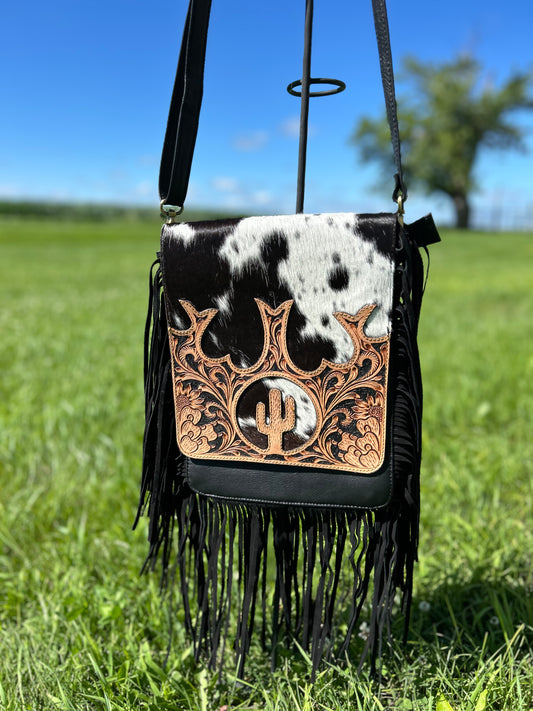 Luxury Boho Hand Tooled Cowhide Leather Crossbody 9x11x3