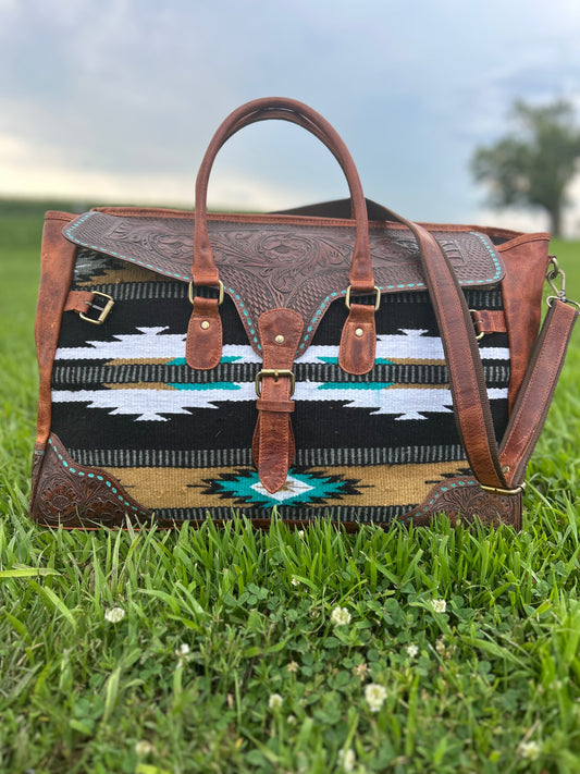 100% Leather Duffel With Wool Aztec Design 14x24x9