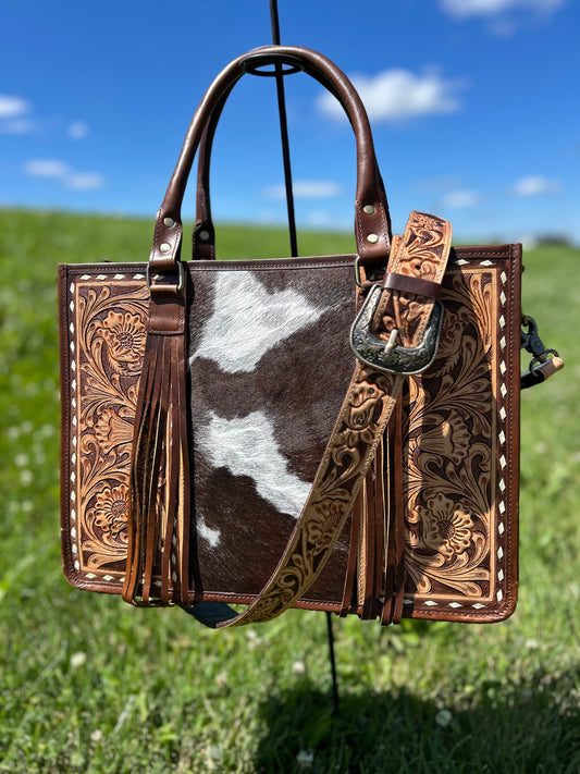 Leather Purse With Cowhide 12x16x5