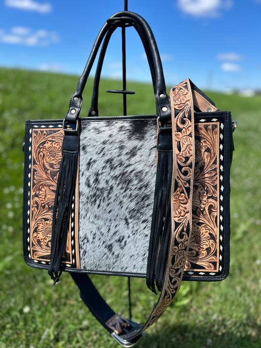 Leather Purse With Cowhide 12x16x5