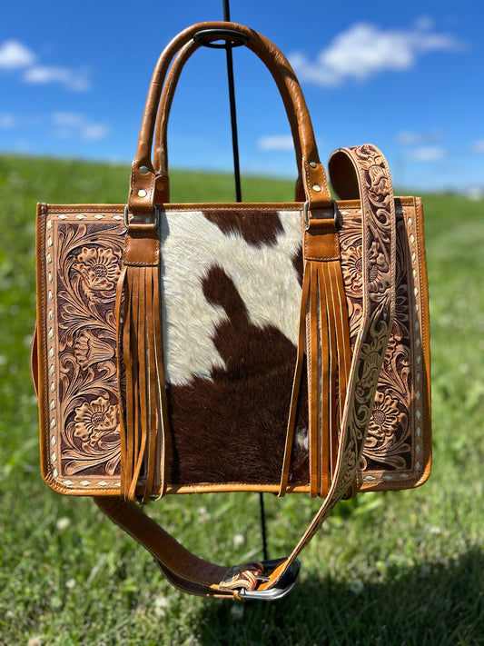 Leather Purse With Cowhide 12x16x5