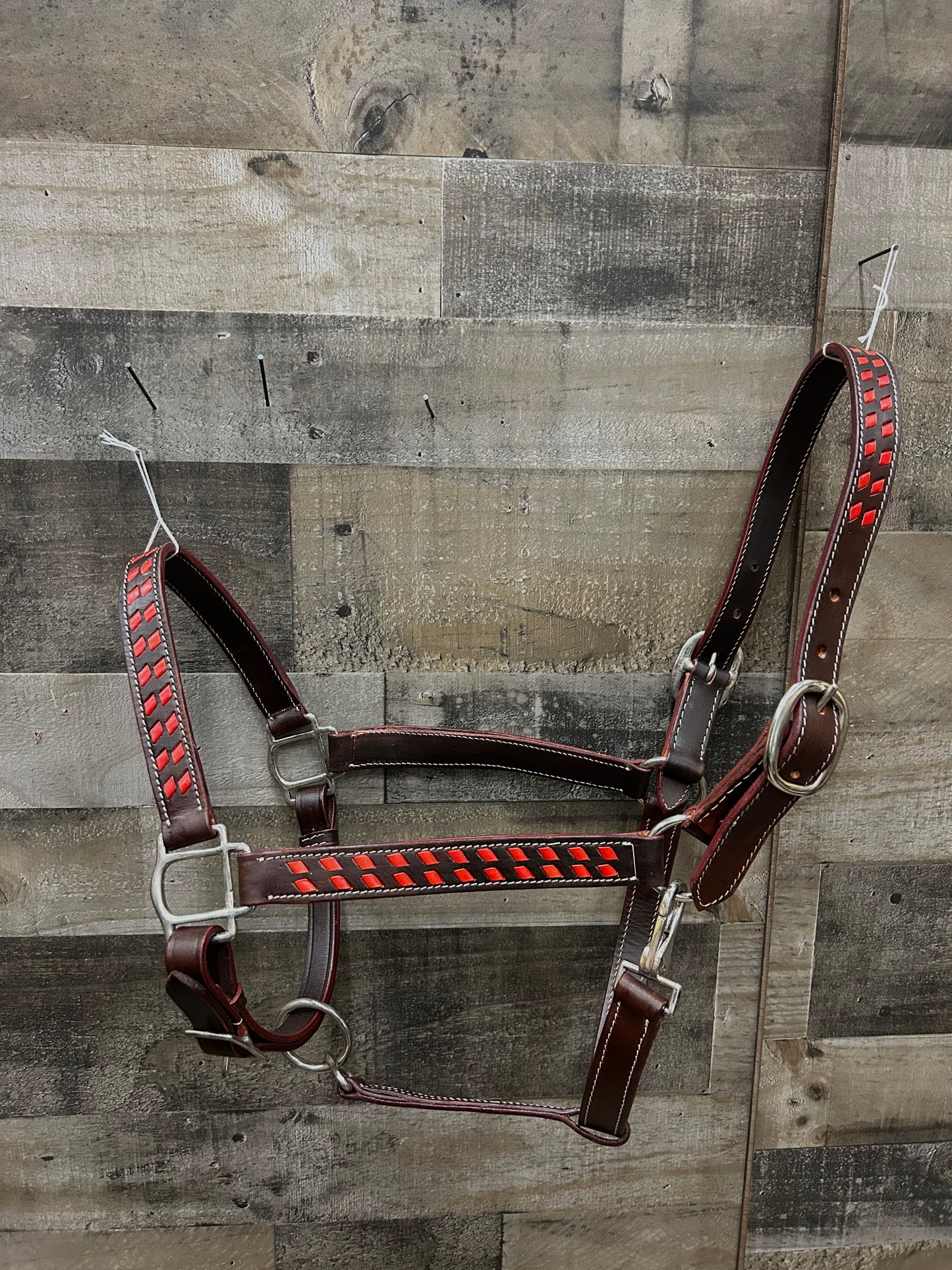 Red Buckstitch Leather Halter 3 Way Adjustable
