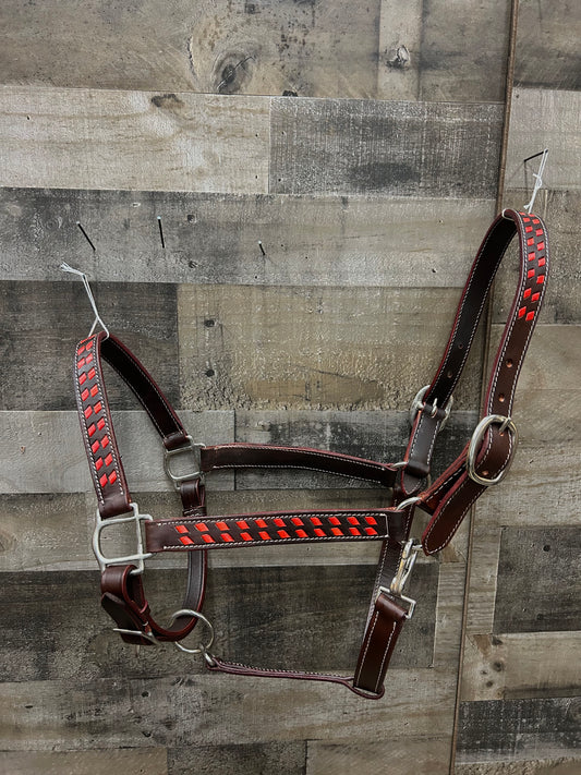 Red Buckstitch Leather Halter 3 Way Adjustable