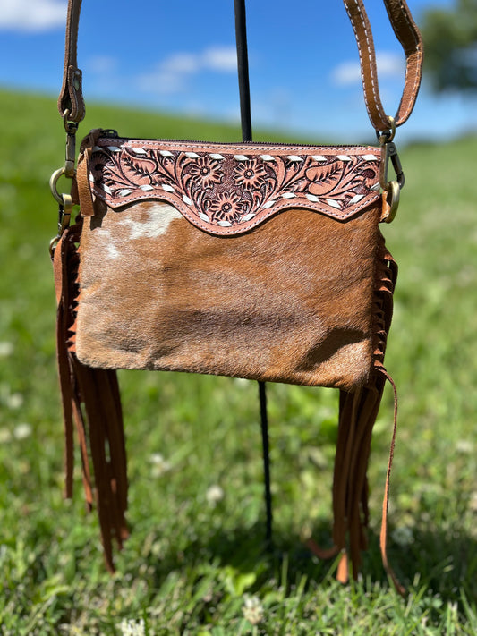 7x9 Crossbody / Wristlet Tooled Leather With Cowhide