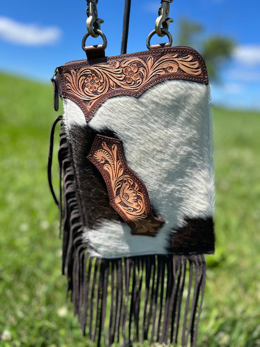 Hand Tooled Cowhide Leather Sling Bag With Hand Strap 7x10.5