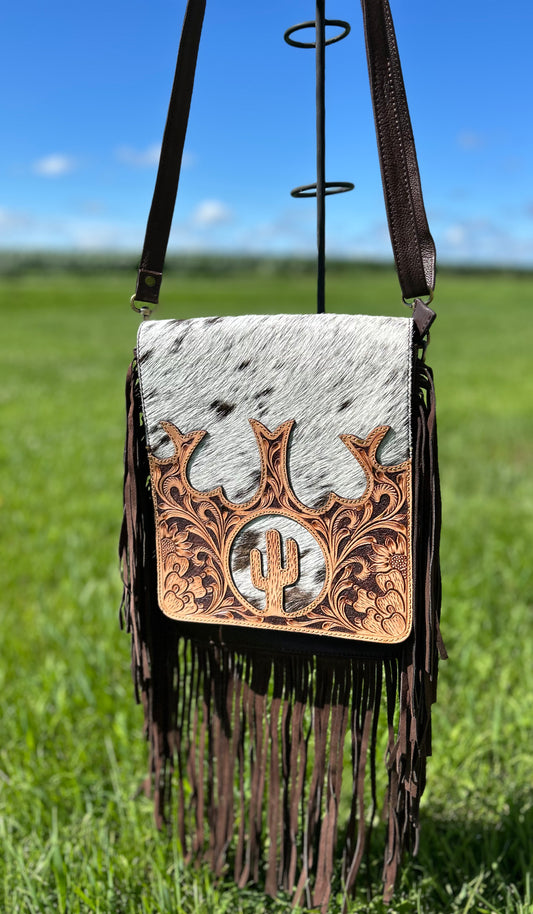 Luxury Boho Hand Tooled Cowhide Leather Crossbody 9x11x3