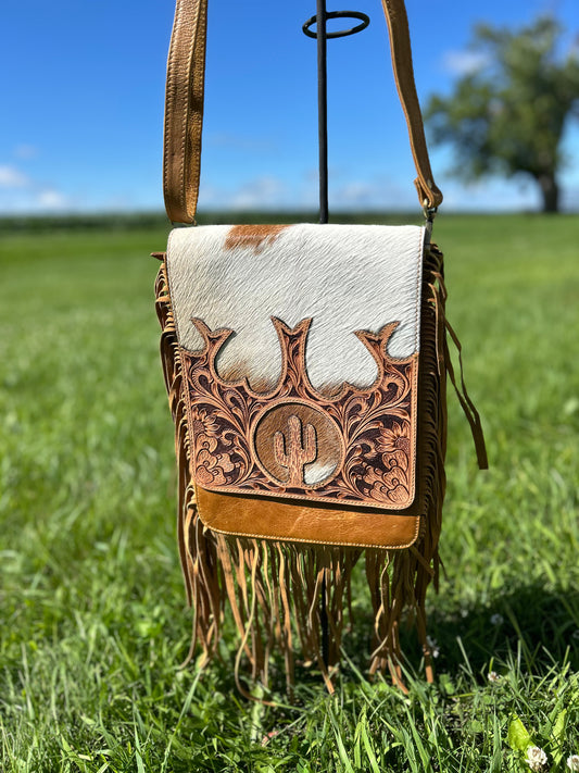 Luxury Boho Hand Tooled Cowhide Leather Crossbody 9x11x3