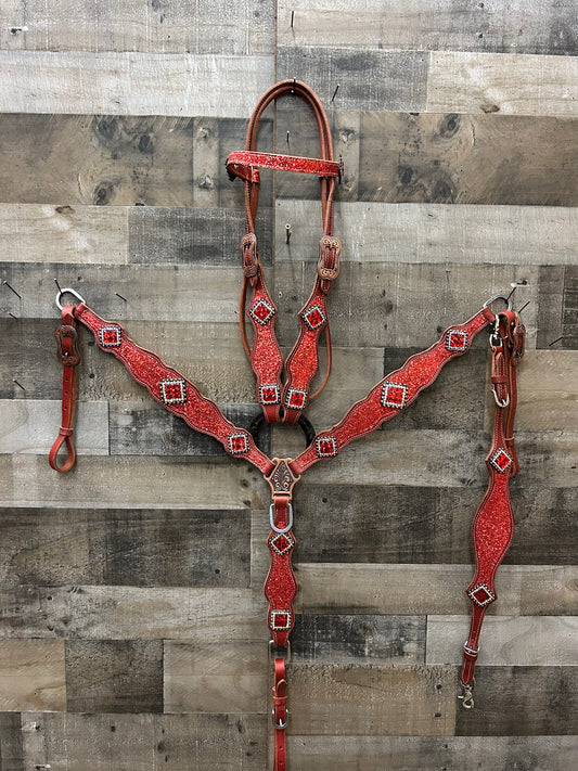 South Point latigo leather Red Glitter 3 piece set