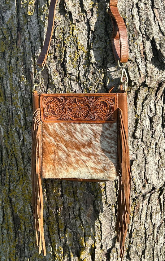 Leather Purse With Cowhide 9”x10”x3”
