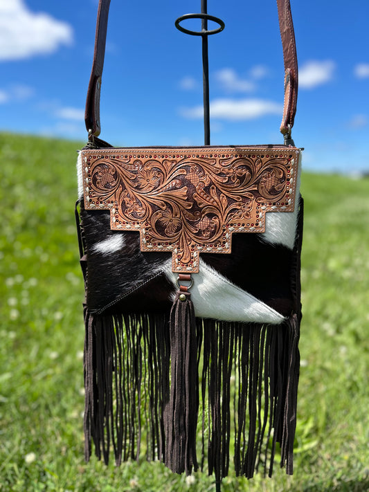 9x11 Tooled Leather With Cowhide Cross Body
