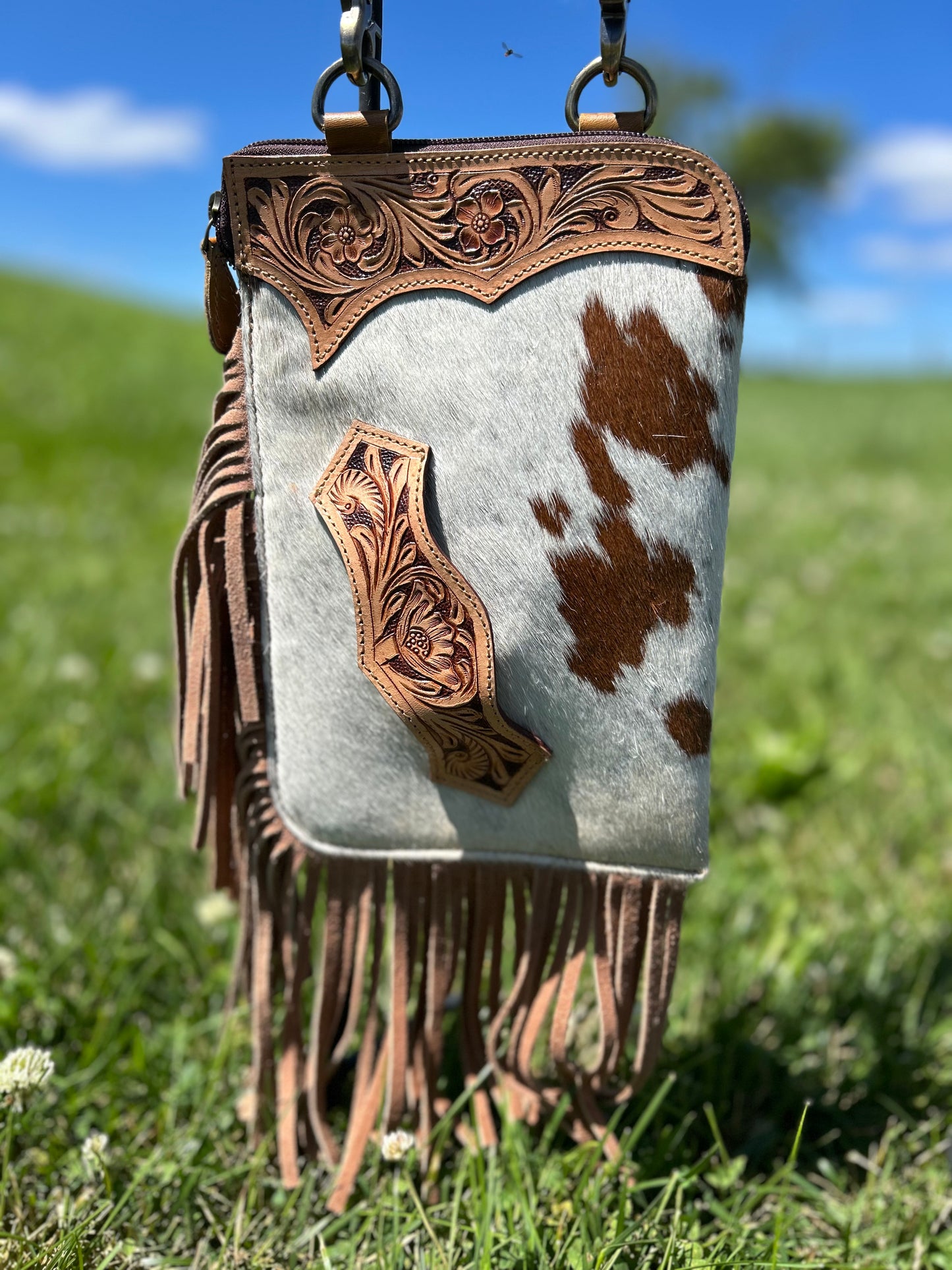 Hand Tooled Cowhide Leather Sling Bag With Hand Strap 7x10.5