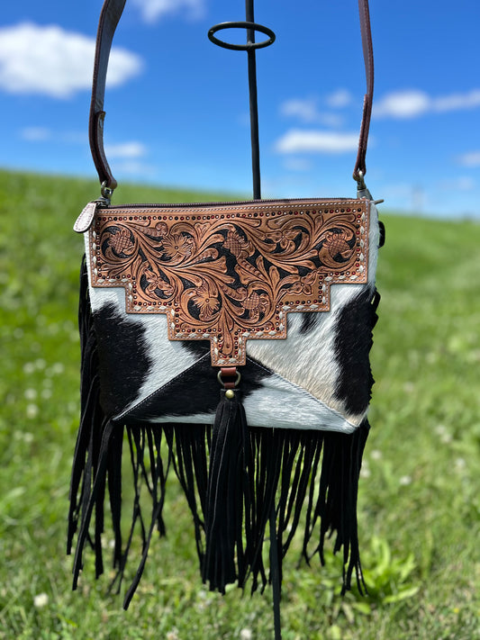 9x11 Tooled Leather With Cowhide Cross Body