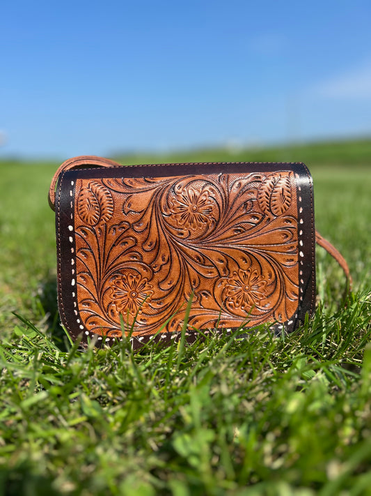 100% Leather Tooled Crossbody 7x11x3