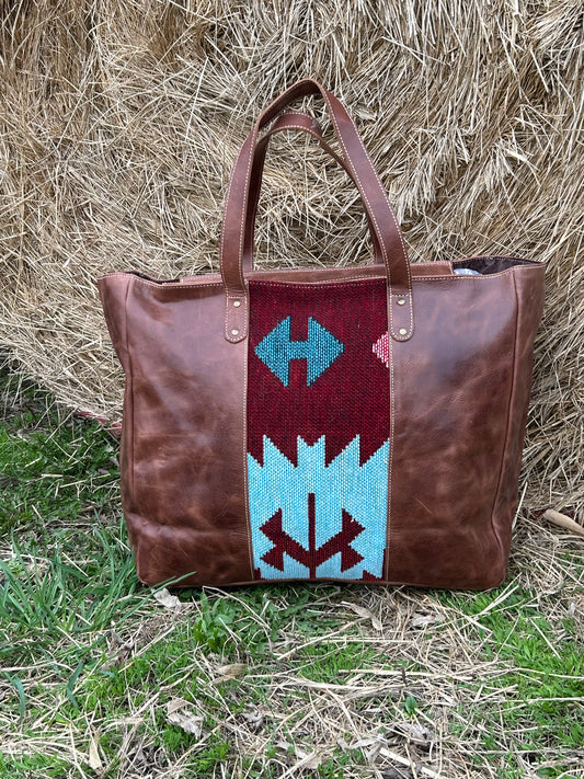 100% Leather Weekender With Wool Blend Front 16x22x8