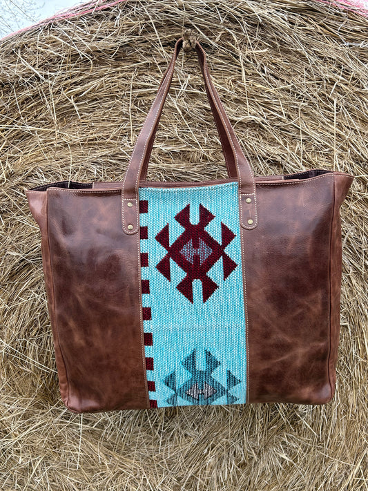 100% Leather Weekender With Wool Blend Front 16x22x8