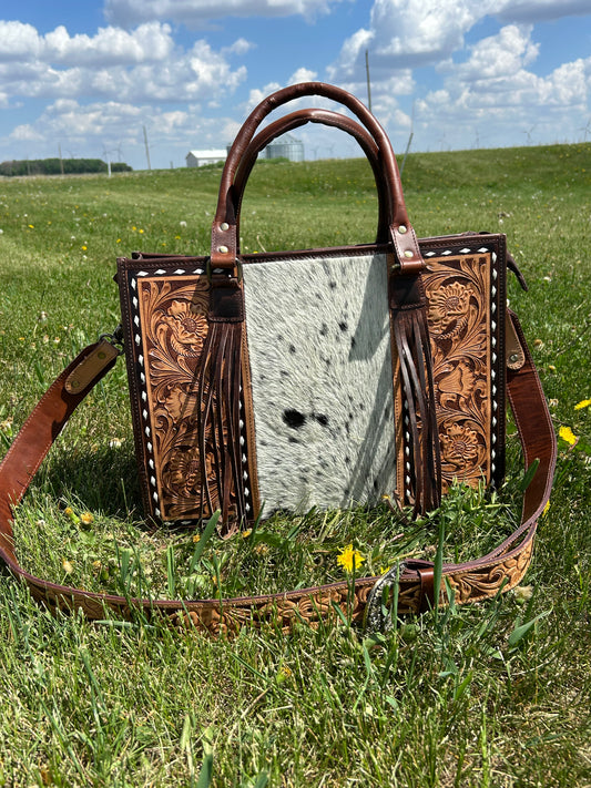 Leather Purse With Cowhide 12x16x5