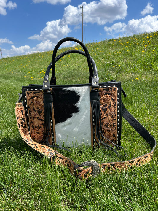 Leather Purse With Cowhide 12x16x5