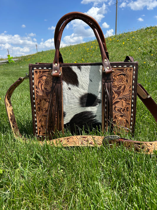 Leather Purse With Cowhide 12x16x5