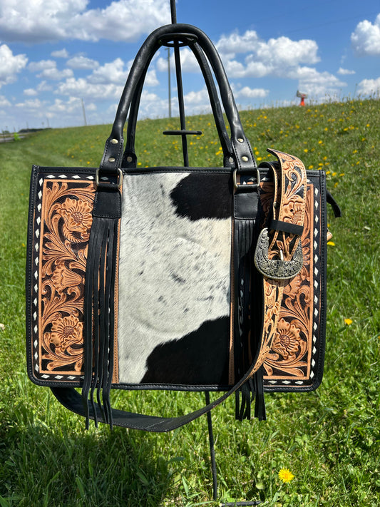 Leather Purse With Cowhide 12x16x5