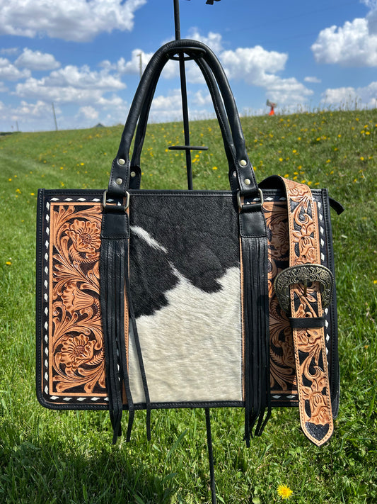 Leather Purse With Cowhide 12x16x5