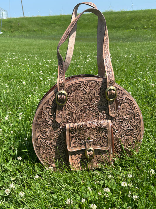 Leather Tooled Purse 14”In Diameter & 3” Wide
