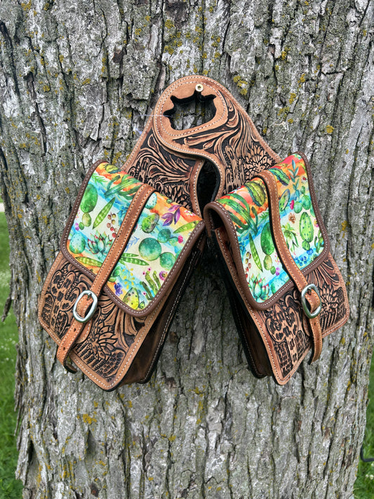LEATHER HORN BAG WITH Cactus Design