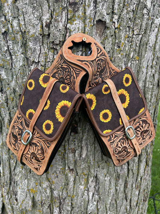 LEATHER HORN BAG WITH Sunflowers
