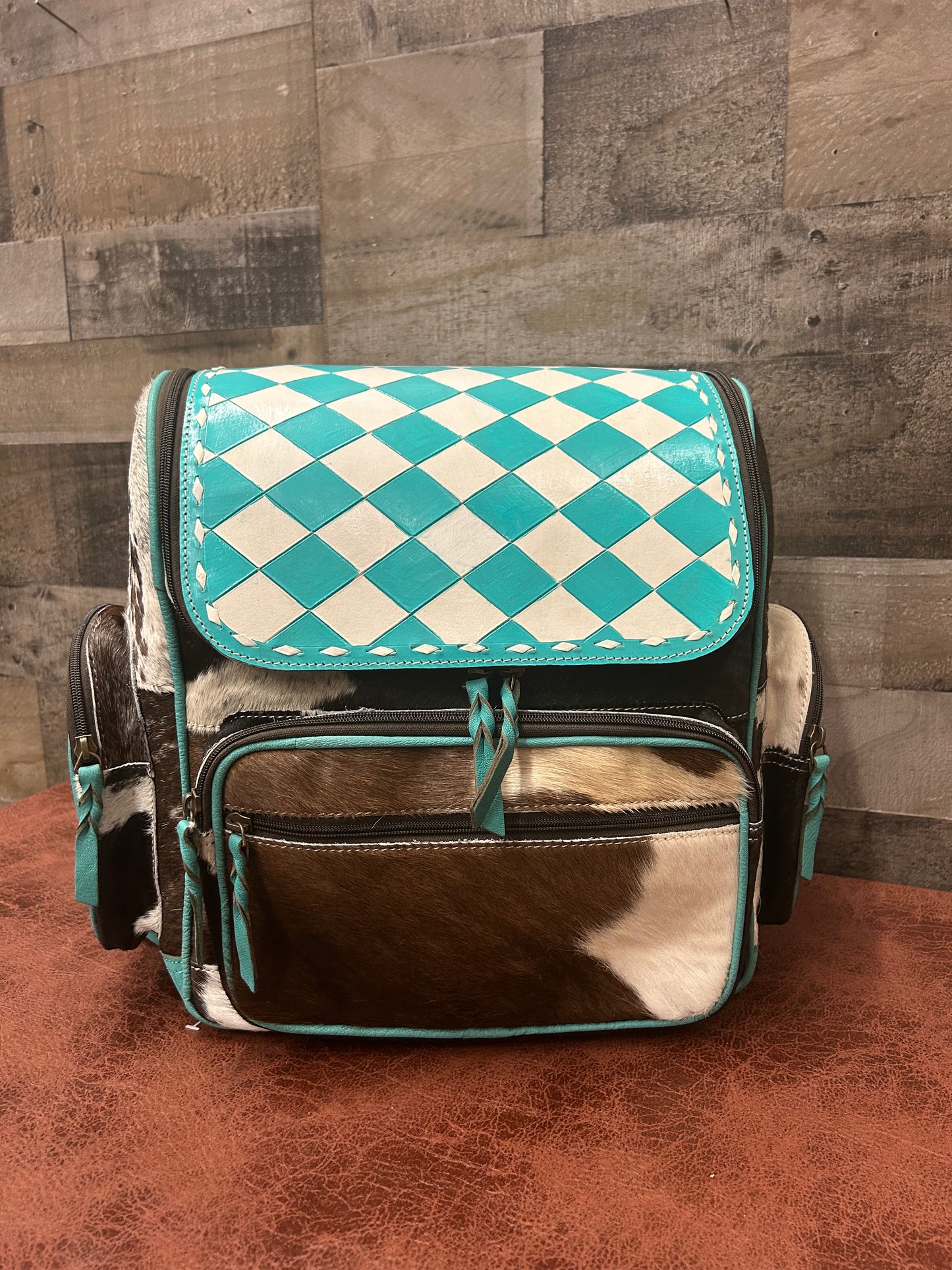 Leather Backpack With Cowhide L-12” H-14” W-6”