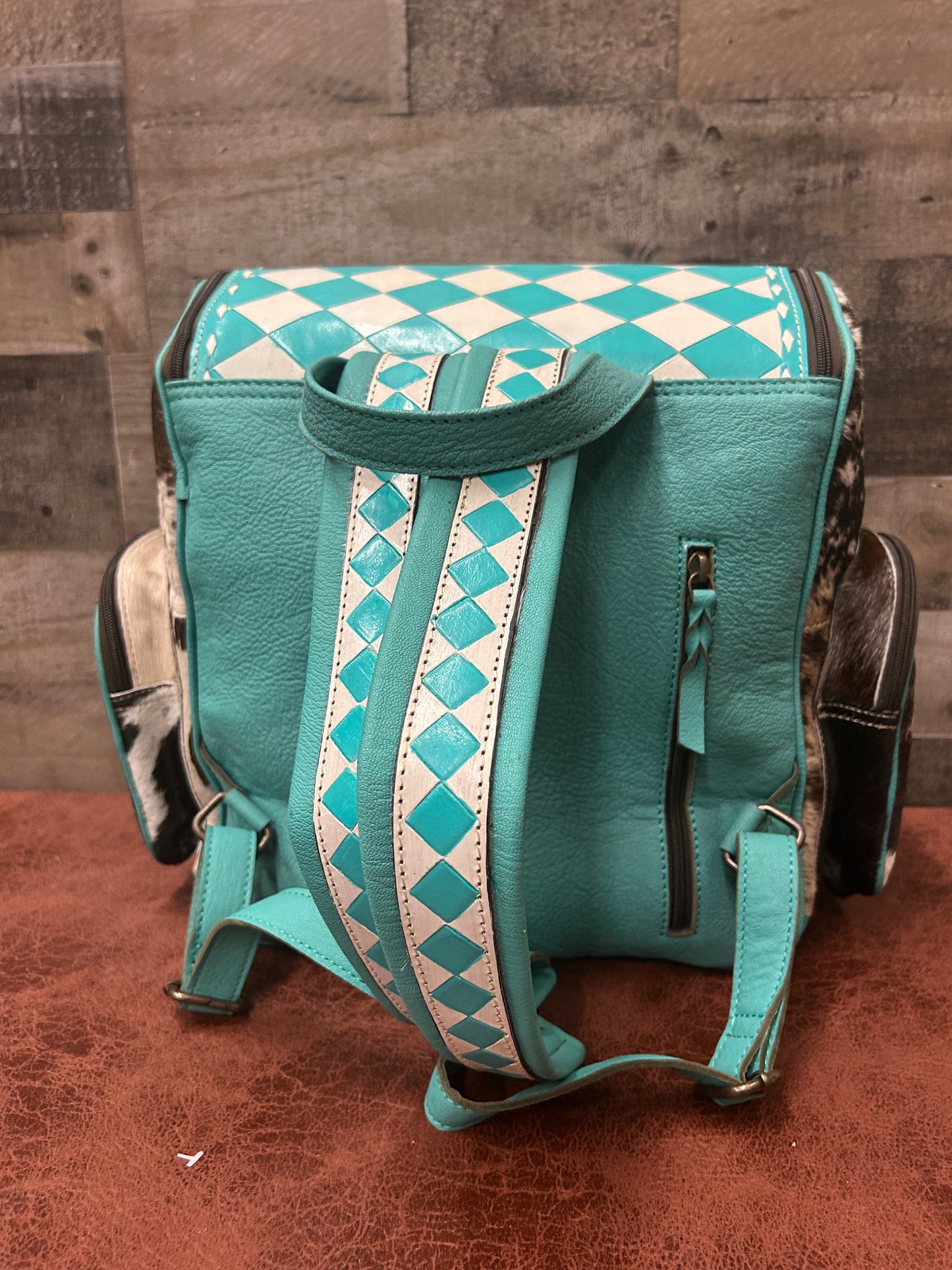 Leather Backpack With Cowhide L-12” H-14” W-6”